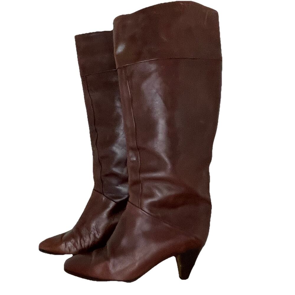 VTG 80s Emme Due Italian Brown Leather Tall Heeled Boots Mid Calf Sz 39 / 8 K